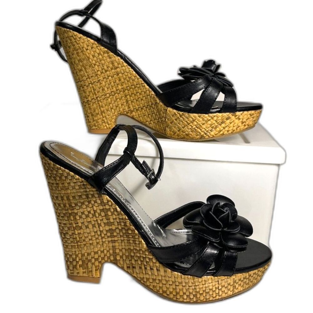 F24 Sunny Black Straw Heel Sandals With Rosettes SZ8 NEW